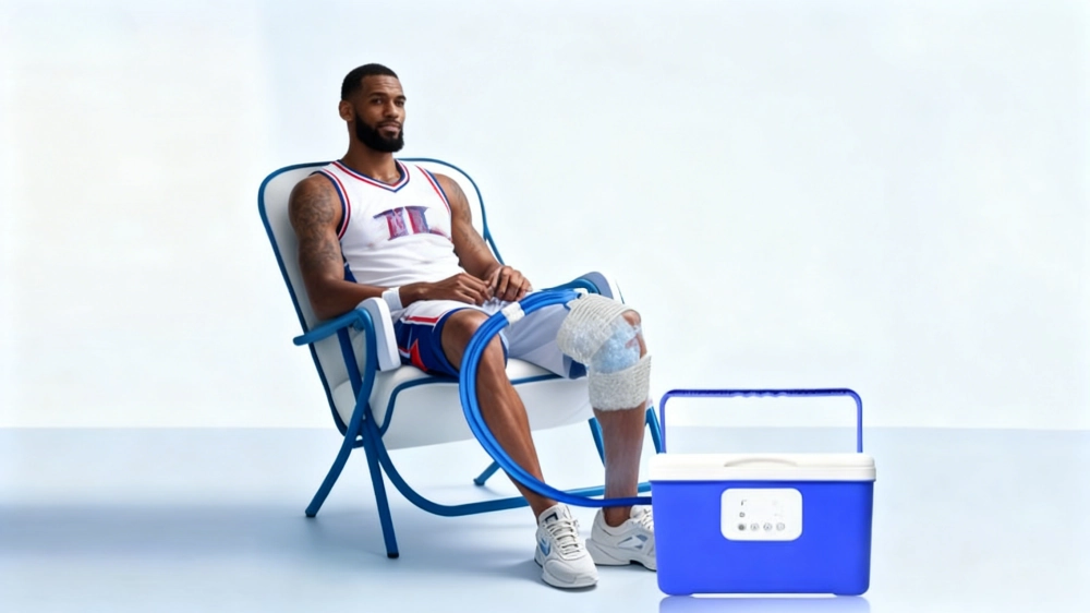 Athlete using compression boots with heat and cold therapy tools nearby