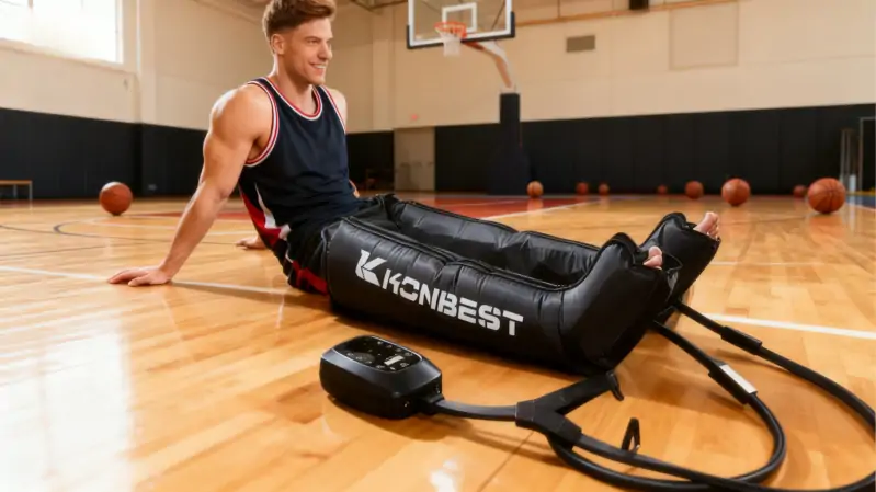 Athlete using recovery compression boots after training